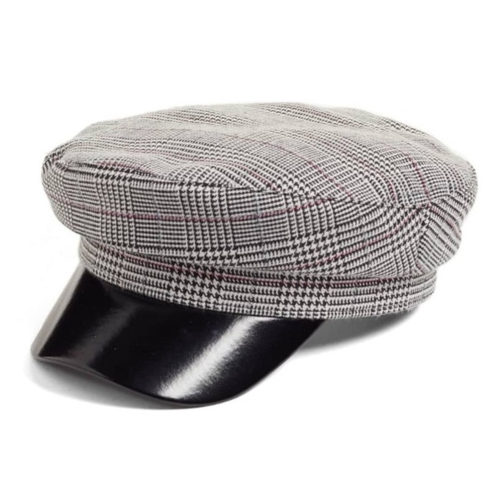 Faux Leather & Glen Plaid Baker Boy Hat - Picture 1 of 5